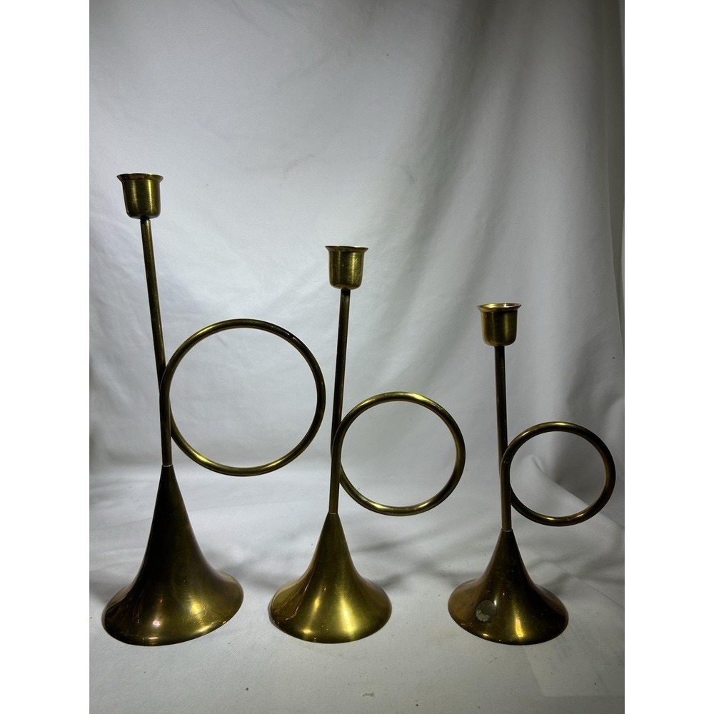 Vintage Brass CandleStick Holder French Horn Bugle Christmas Decor Set of 3 MCM